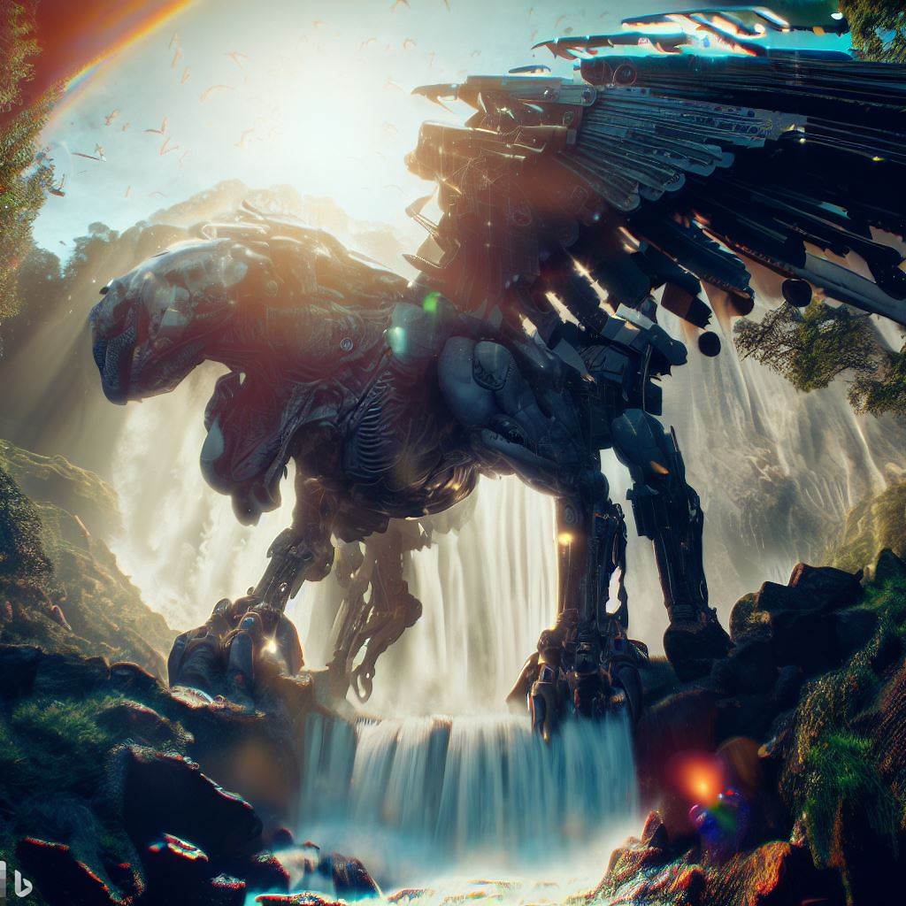 future mech dinosaur with wings in waterfall, wildlife in foreground, lens flare, fish-eye lens, realistic h.r. giger style 1.jpg